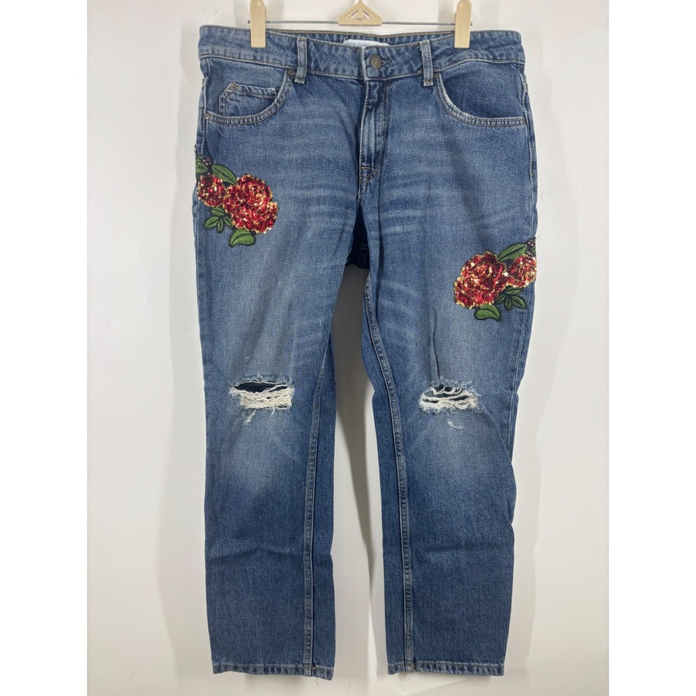 Zara Basic 1975 Denim Floral Sequin Embroidered Distressed Jeans Blue Women 8